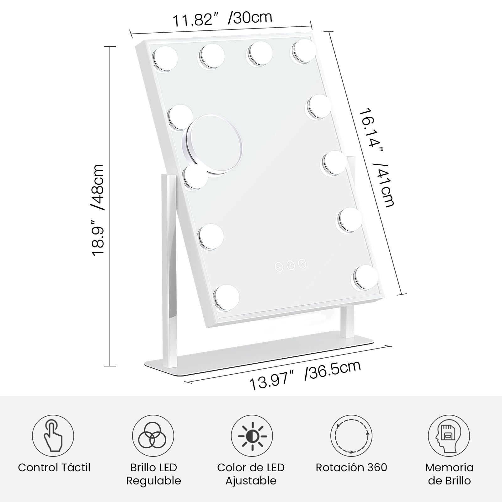 Dripex Espejo Maquillaje Mesa 48x36 cm – 12 LED 360° | 3 Colores de Luz, Brillo Ajustable, Giratorio 360°, Lente 5X Incluida, Superficie 30x41 cm, Ideal Casa o Oficina
