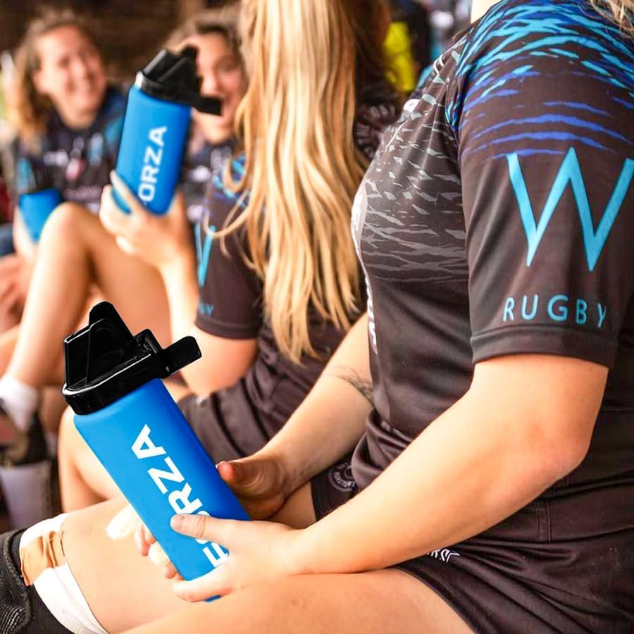 FORZA Bouteille d’Eau de Sport Hygiénique de 1 Litre | Bouteille Sans BPA avec Embout Sans Contact | Idéale pour les Équipes Sportives | Équipement Essentiel (Bleu, Pack de 10)