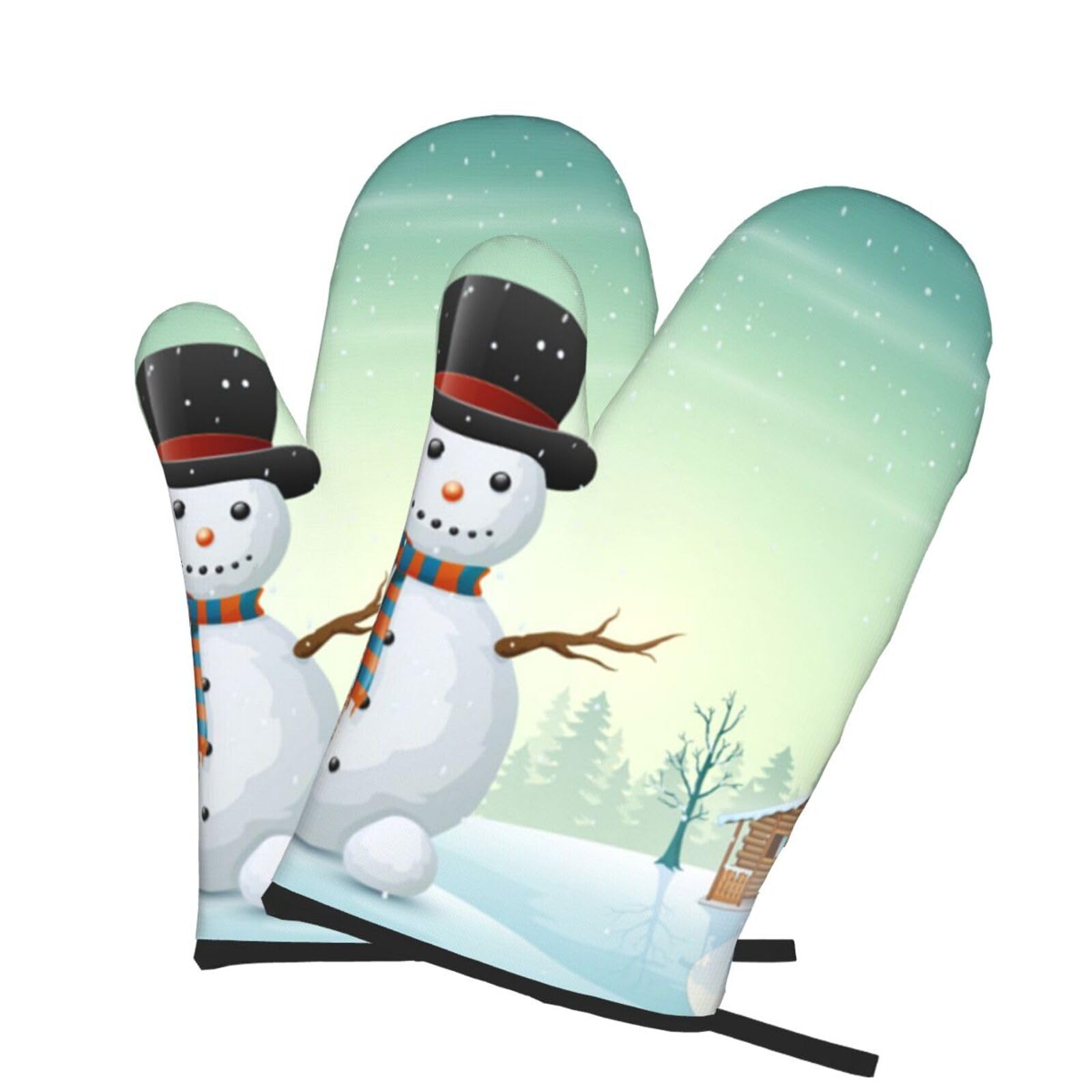 Oven Mitts Set of 2 Pcs, Snowman and Village Prints Heat Resistant Kitchen Gloves for Cooking Baking Grilling