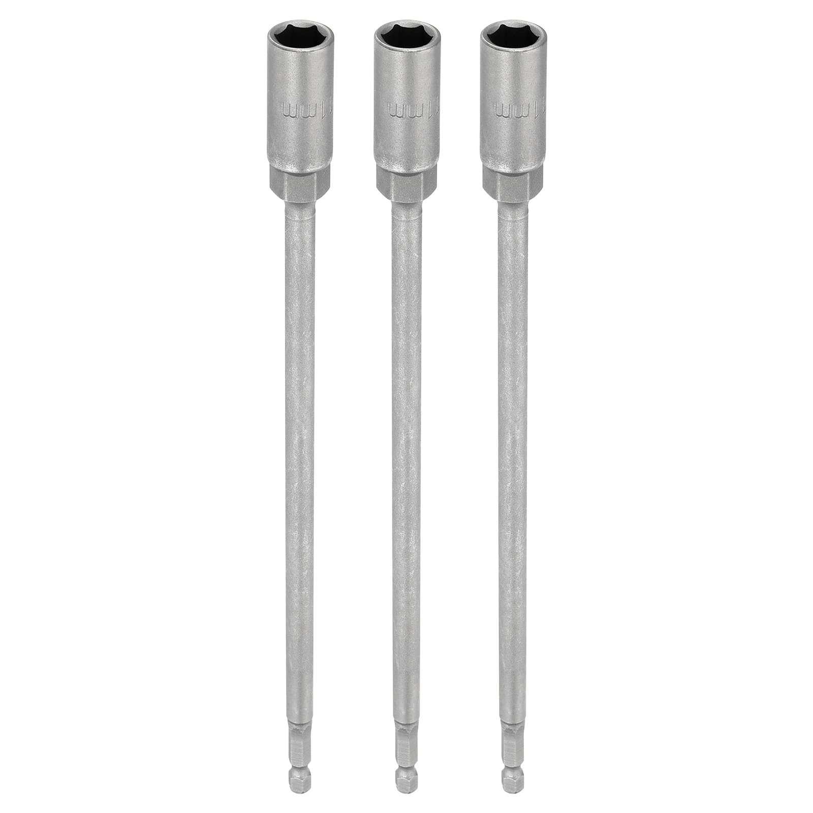 sourcing map 3pcs Nut Driver Drill Bit 11mm Metric Socket 1/4" Hex Shank 10" (250mm) Extra Long 6-Point Sockets Quick Change 40Cr Steel Bolt Setters for Power Drill Drivers