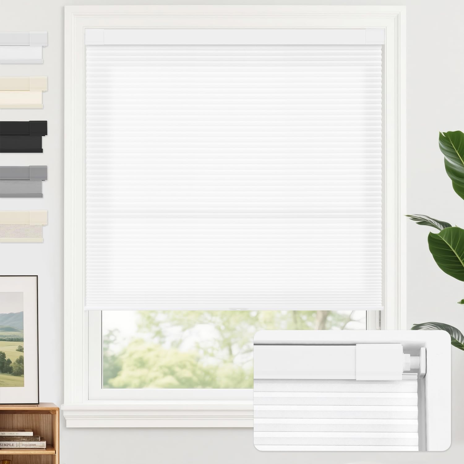 aosky no tools no drill cordless cellular shades blinds for indoor windows, light filtering thermal insulated honeycomb window blinds shades for living room bedroom, 66" w x 48" h, white