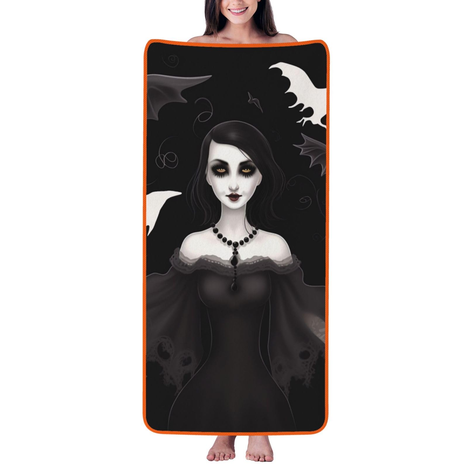 WPKJU Halloween Goth Printed Bath Towel with Orange Edging - 27x55 in Soft Extra Absorbent Coral Velvet Shower Towels for Bathroom