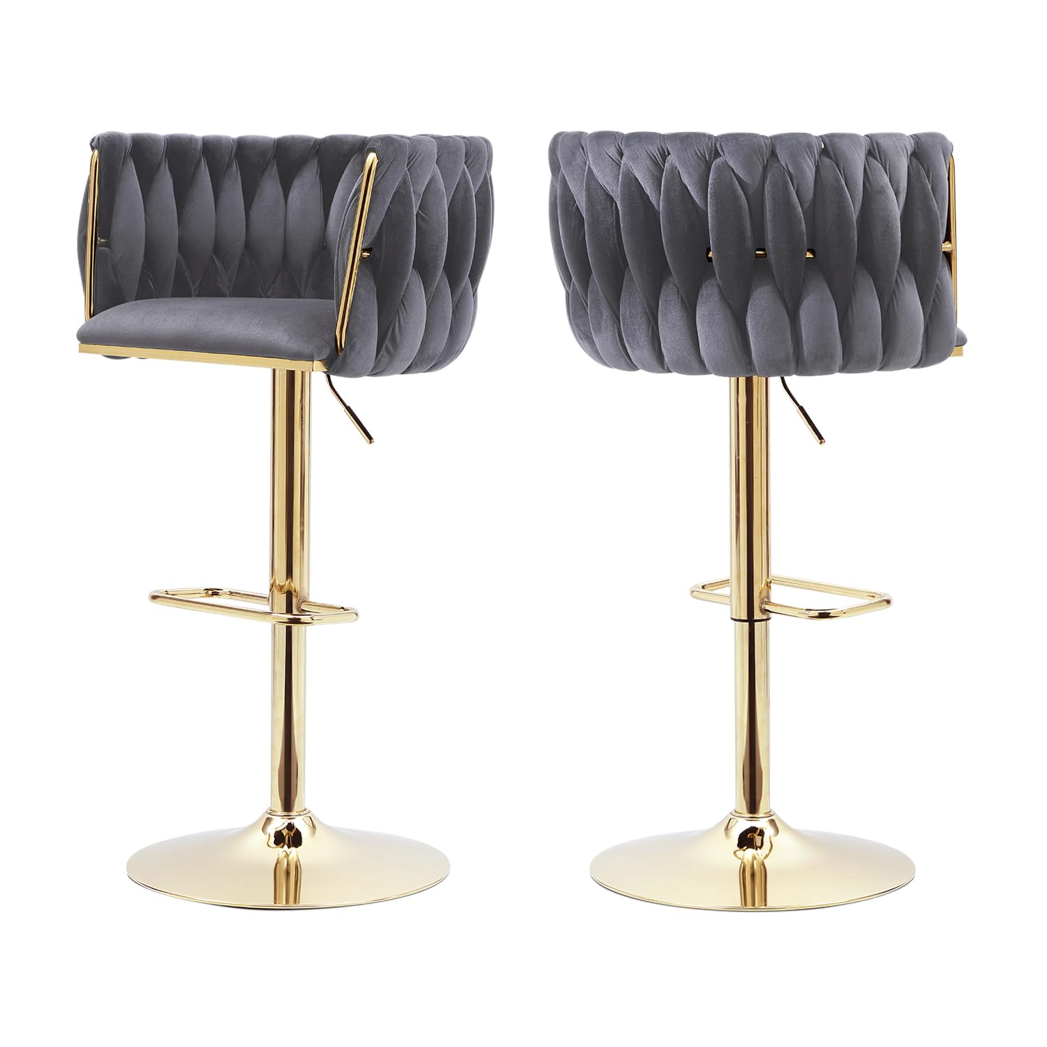 ECHINGLE Grey Velvet Bar Stools Set of 2 - Modern Adjustable Swivel Counter Height Chairs with Woven Back, Gold Metal Leg & Base Bar Chair for Kitchen