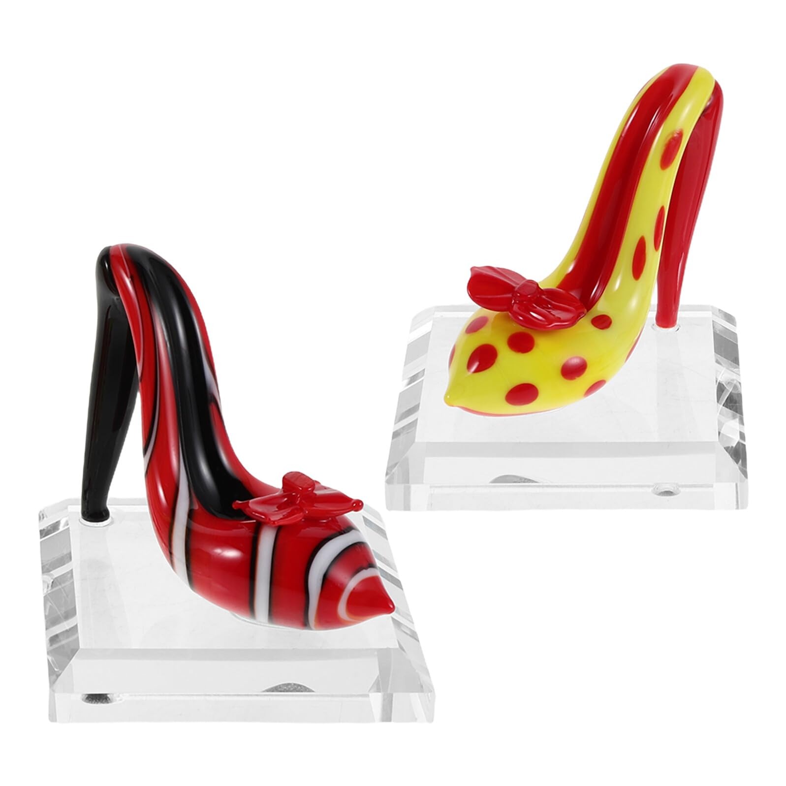2pcs Handcrafted Glass Slipper Heels Figurines with Base, Yellow and Red Miniature High Heel Shoe Decorations for Home Display, Desk Ornament, Giftable Art Glass Shoe Accents