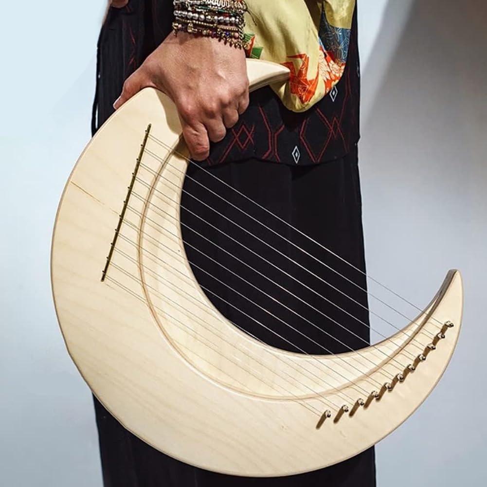 Forma di Luna Lyre Harp, Crescent Moon Shape Arpa in Legno Massiccio, Luna Piena Forma in Legno Strumento Musicale per Principianti, Olmo E Acero Corpo Lyre Harp