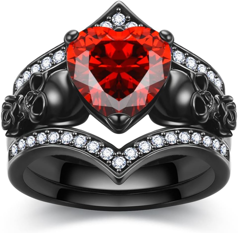 Gothic Black Rose Flower Skull Engagement Ring Set Red Purple Heart-shaped Zircon Crystal Wedding Anniversary Mother's Day Holiday Gift Jewelry