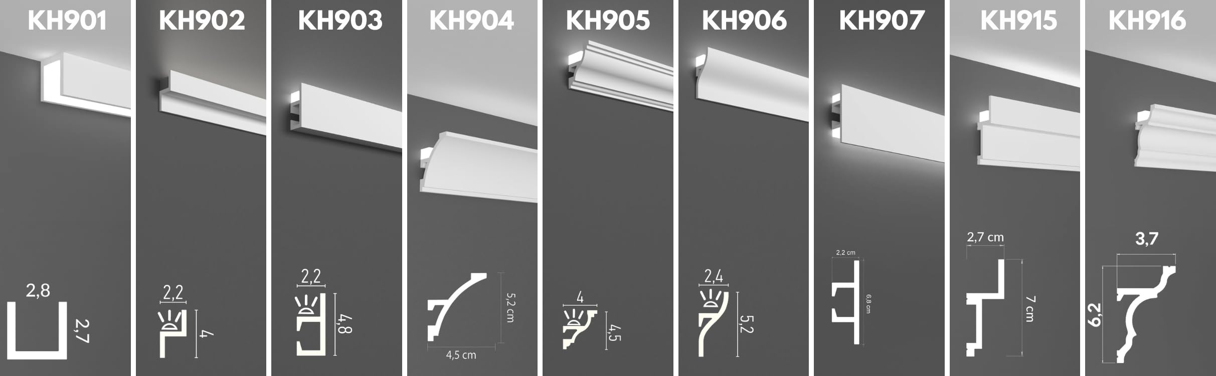 Cornici velette per led a soffitto e parete (4 o 10 metri lineari - KH903), per illuminazione indiretta con le strisce led | decorative, prefabbricate in duropolimero (10 metri)