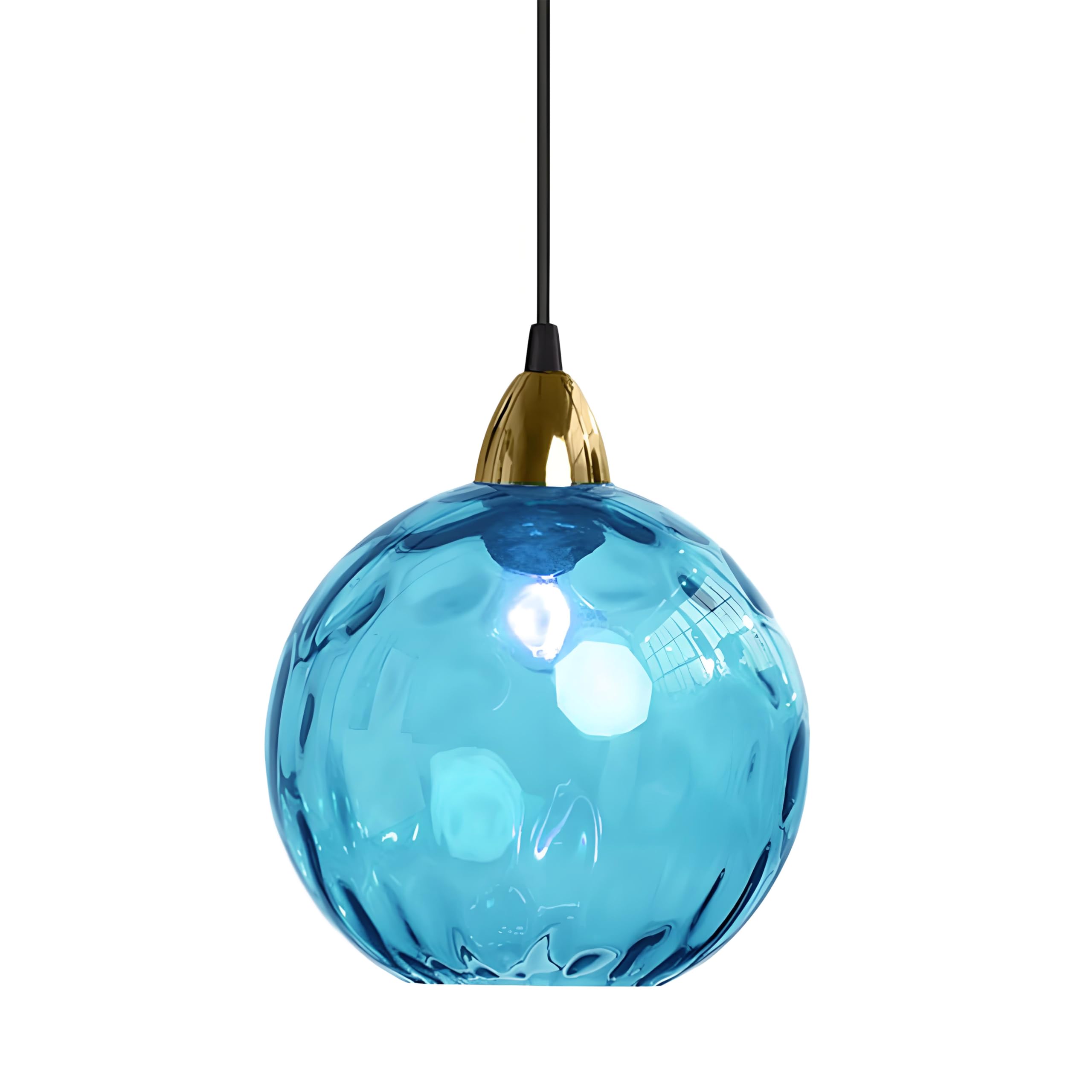 Xirytu-H Azure Blue 15Cm/5.9'' Industrial Vintage Spherical Glass Pendant Light, E27 Ceiling Hanging Lamp, Gold Finish & Ripple Glass Globe Shade, Dining Room Bedroom Chandelier (, 15Cm)