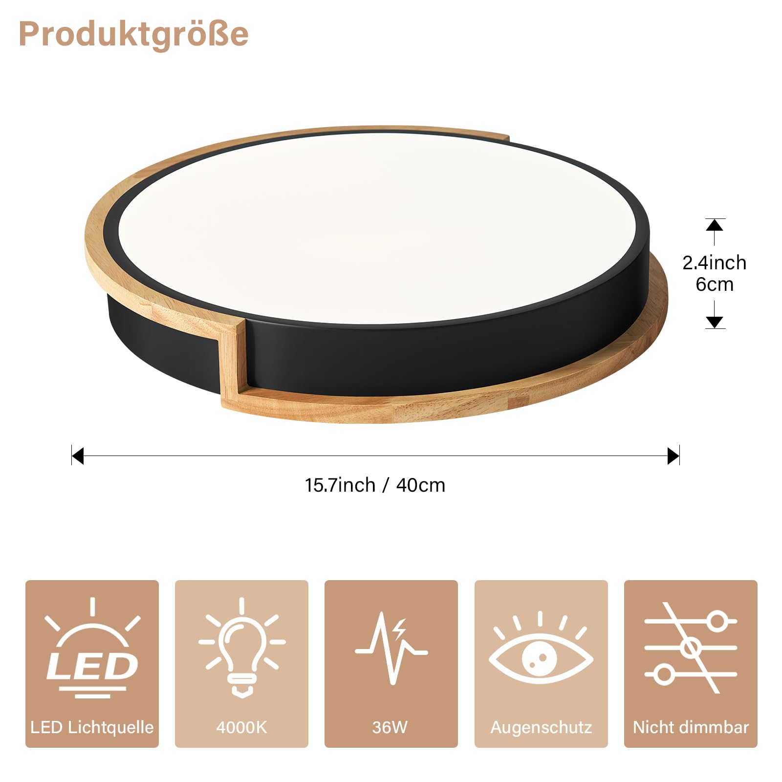 WOKNOS Lampada da soffitto, Plafoniera Bianca 40 cm, Lampada LED 36W con legno per camera da letto, soggiorno, cucina, corridoio, sala da pranzo, 4000K