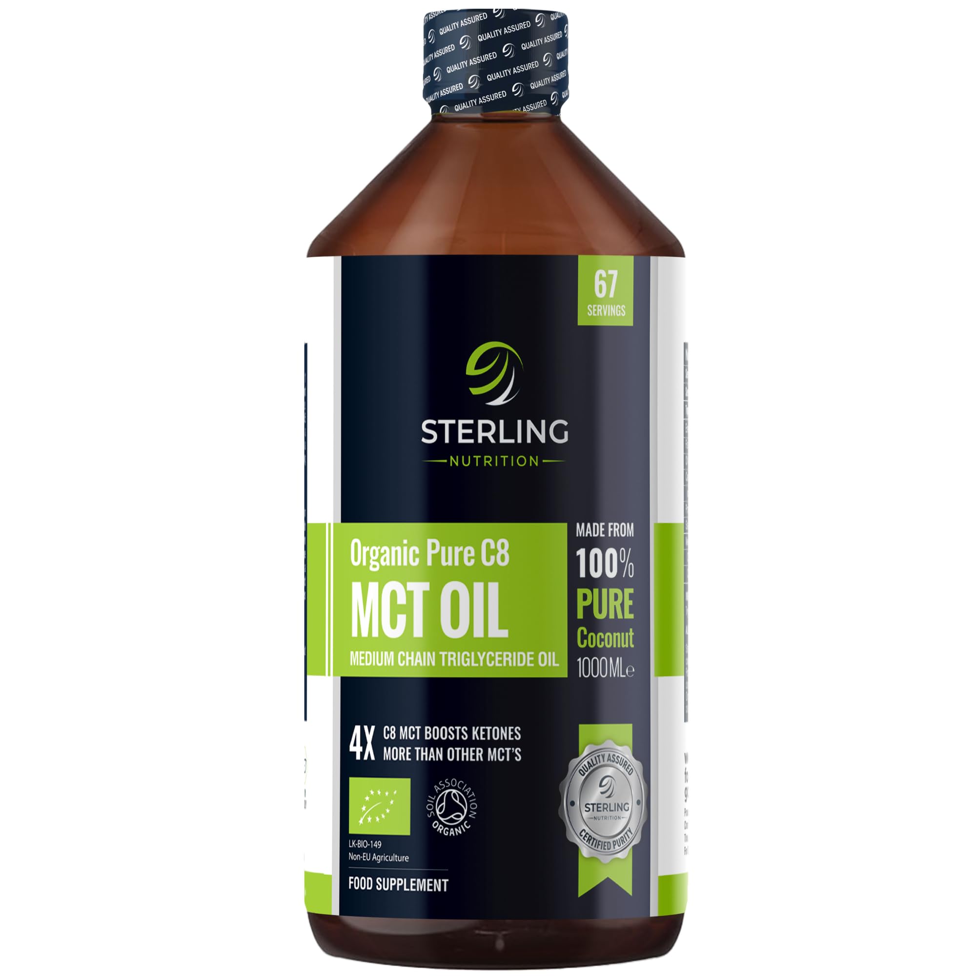 Organic Pure C8 MCT Oil - 1000ml | 4X Ketones & Quick Conversion Support Keto Diet & Fasting | 100% Sustainable Coconuts | Safe & Premium Lab Tested | Vegan Friendly & Gluten-Free | STERLING NUTRITIONEU Organic