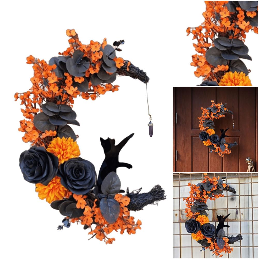 Halloween-Mondkranz mit schwarzer Katze, Halloween-Katzen-Türkranz, Halloween-Mond-Katzenkränze for Zuhause, Party, Fenster, Wand, drinnen und draußen