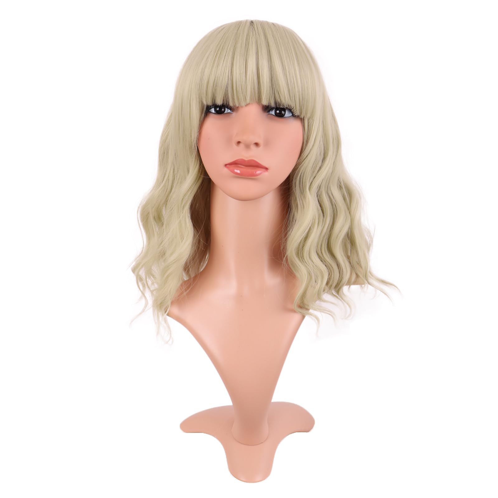 MapofBeauty 14 Inch/35 cm Short Wavy Curly Women Fresh Bright Synthetic Ordinary Flat Bangs Bob Wig (Blonde)