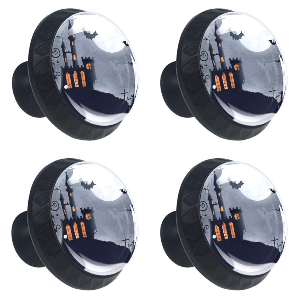 4pcs Drawer Knob Pull Handle Halloween Themed Asymmetric Caste with Scary Bats and Ghosts Full Moon Pulls Cupboard Knobs with Screws for Home Office Dresser Furniture Wardrobe Handles 35mm