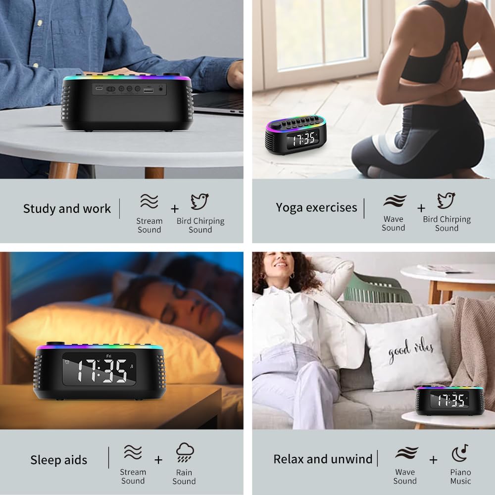 Altavoz Bluetooth de máquina de ruido blanco, reloj despertador digital, temporizador de sueño con pantalla LED, luz nocturna RGB, máquina de sonido natural relajante para dormir, para bebés, niños,