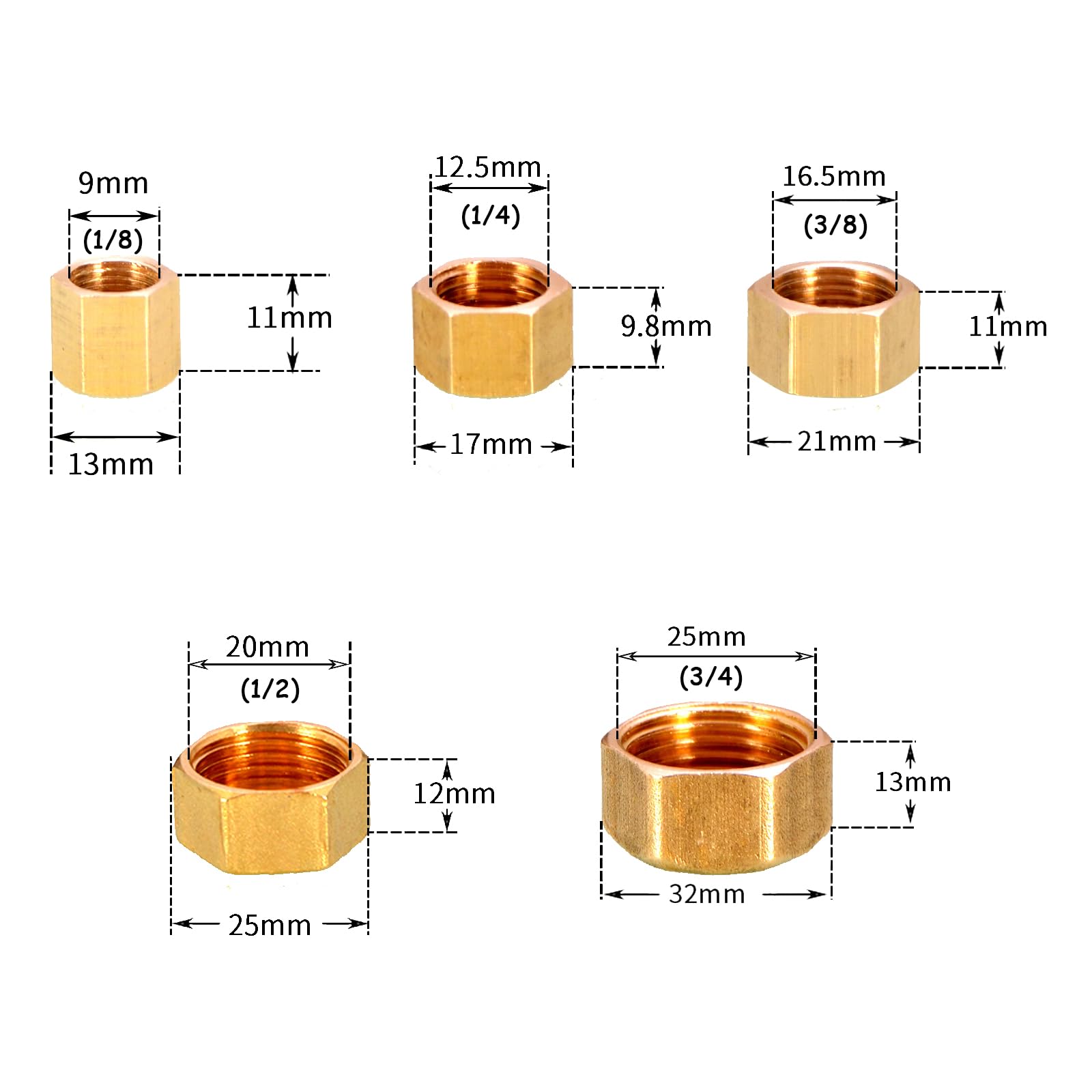 10Pcs Brass Blanking Cap,1/8 1/4 3/8 3/4 1/2 Brass Garden Hose Female End Caps with Sealing Washers,3/4 Hex Bra-ss Blanking Nut Cap for Washing Machine Radiator Valve Faucets Tap - Image 2