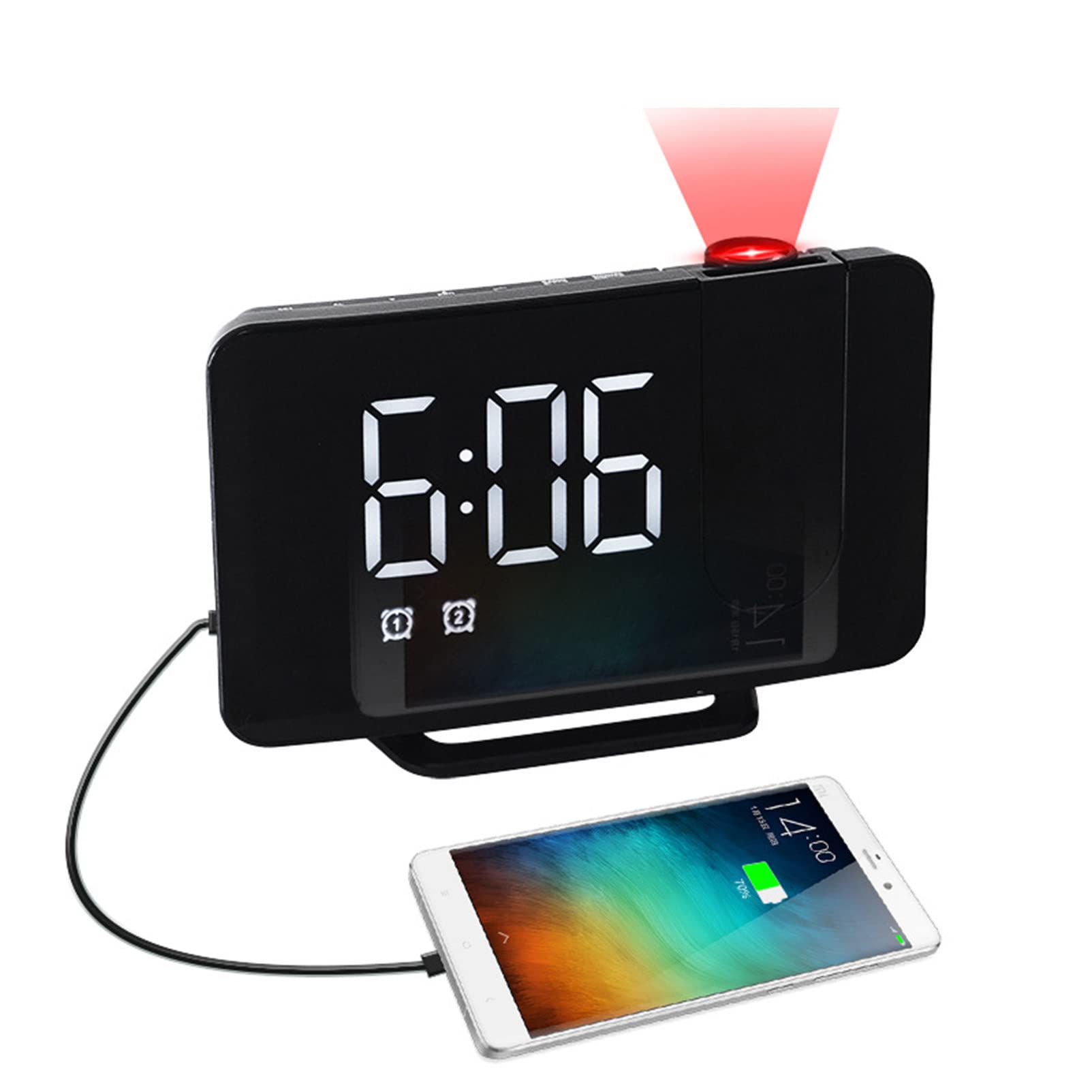 Réveil Projecteur, Réveil Numérique avec Radio FM, Affichage LED Clair, Snooze, Réveil Numérique pour Chambre à Coucher,White