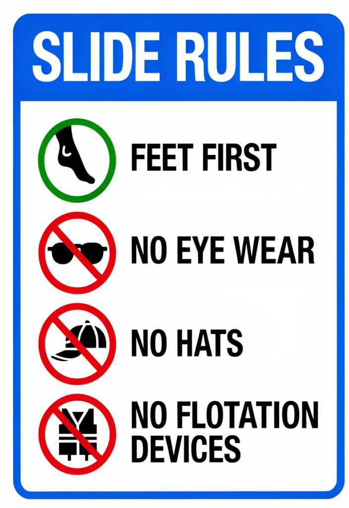 peiyeety Slide Rules Tin Sign 12x8 Inch, Funny Pool Rule Metal Sign, Blue White Swimming Decor Plaque for Poolside Wall, Backyard Patio Home Decor, Novelty Gift for Swimmers