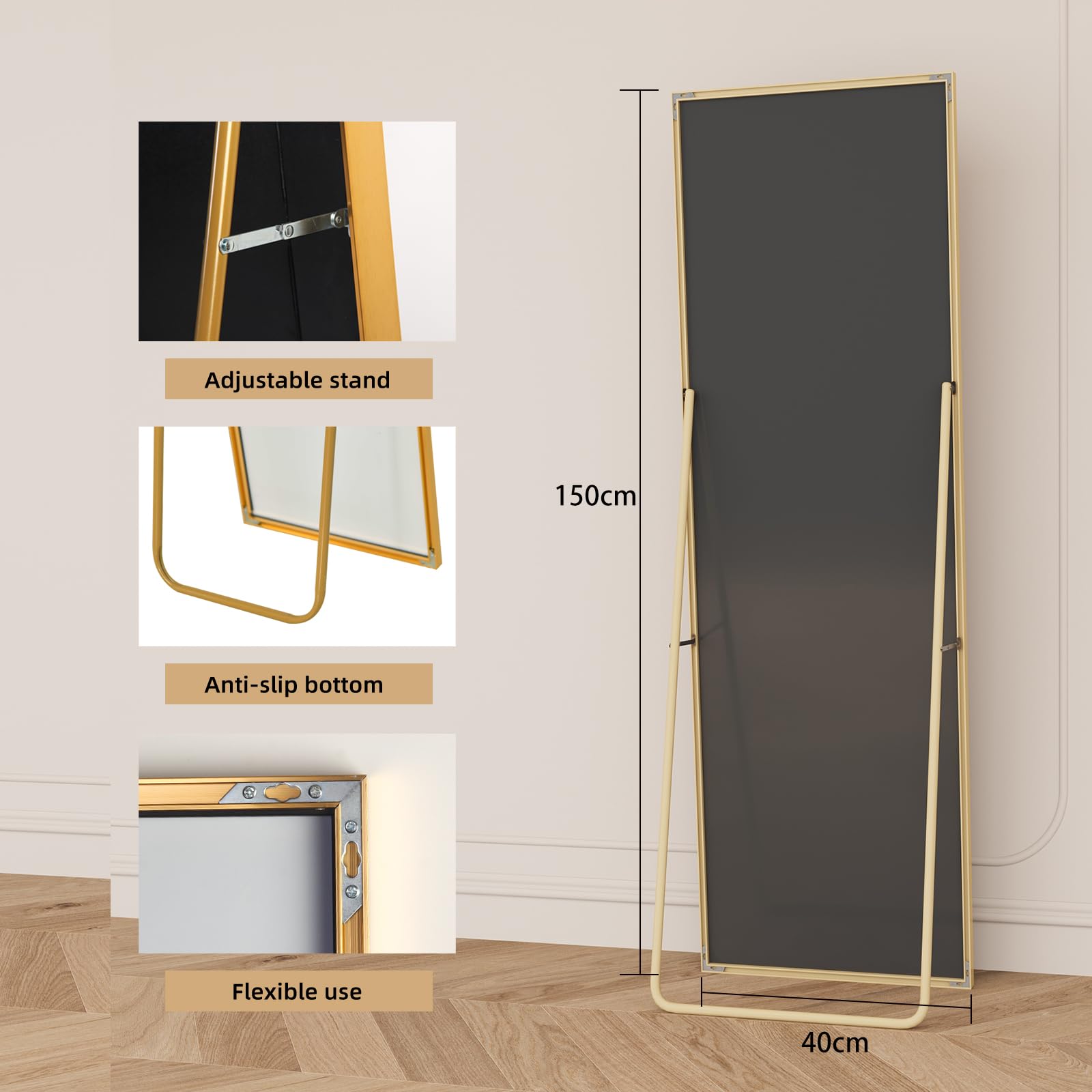 Specchio rettangolare a lunghezza intera, 150 x 40 cm, specchio 2 in 1 e specchi da parete grandi specchi su piedistallo grande specchio da pavimento per bagno, camera da letto, ingresso e corridoio