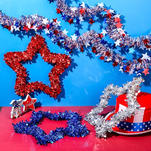 Image of 8 Pcs Patriotic Party Set Includes 3pcs Patriotic Tinsel Star Wall Hanging Decor and 5pcs 33 ft Independence Day Glitter Shiny Twist Tinsel Garlands for Memorial Day Party Tree Home Hanging Decor