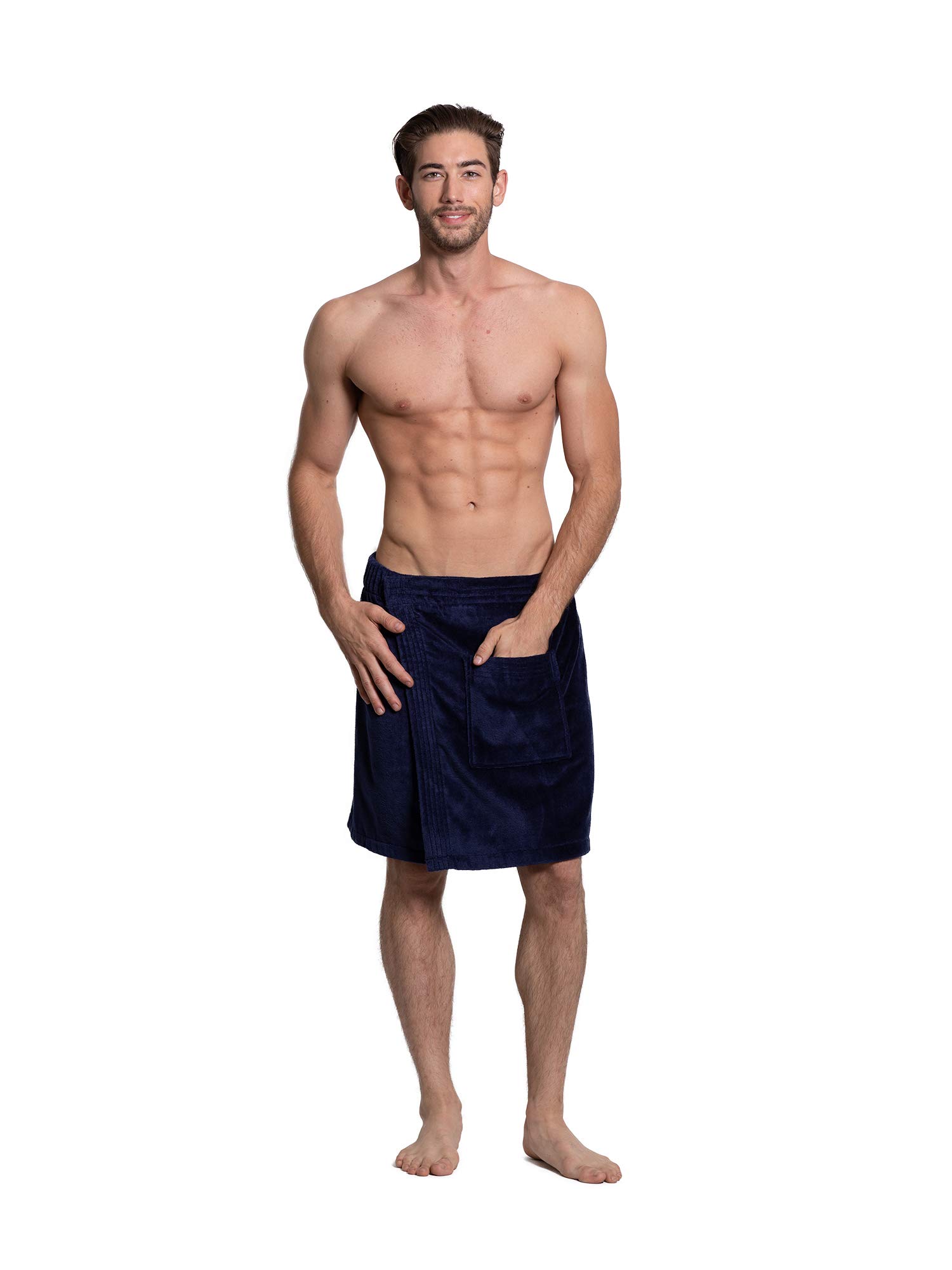 Turkuoise Men's Cotton Terry Velour Bath Towel Wrap Made in Turkey (Navy Blue)