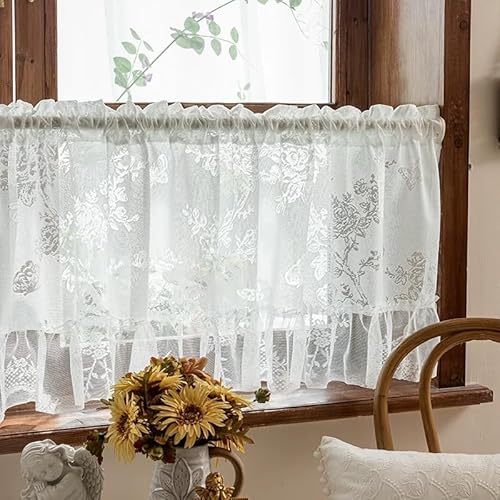 Daliena Spitzengardinen Landhaus Kurz Scheibengardinen Weiß Halbtransparent Romantisch Blumenfensterstore Fertiggardine Kurzstores Gardinen (BxH 110x60cm) 1 stück