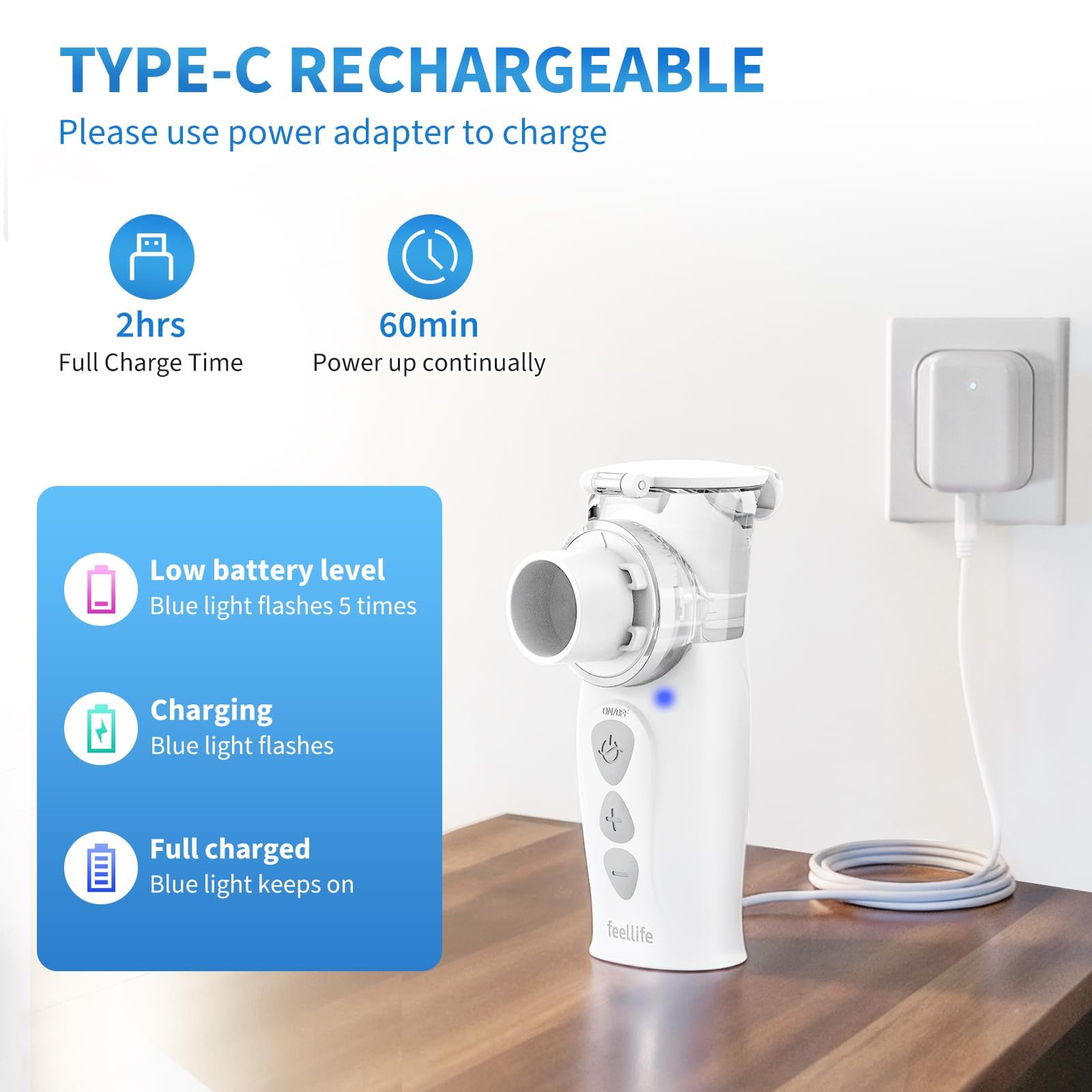 FEELLIFE Aerosol Portatile Silenzioso Typc-C Ricaricabile, Aerosol per Adulti e Bambini Velocità di Nebulizzazione Regolabile Meno Residui, Aerosol per Alleviare Tosse, Rinite e Sintomi Respiratori