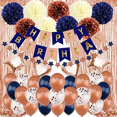 Recosis Birthday Decorations for Women, Navy Blue Rose Gold Birthday Party Decorations for Men Women Boys Grils, Happy Birthday Banner Pompoms foil Balloons Curtains for Birthday Party Decor Suit Cover