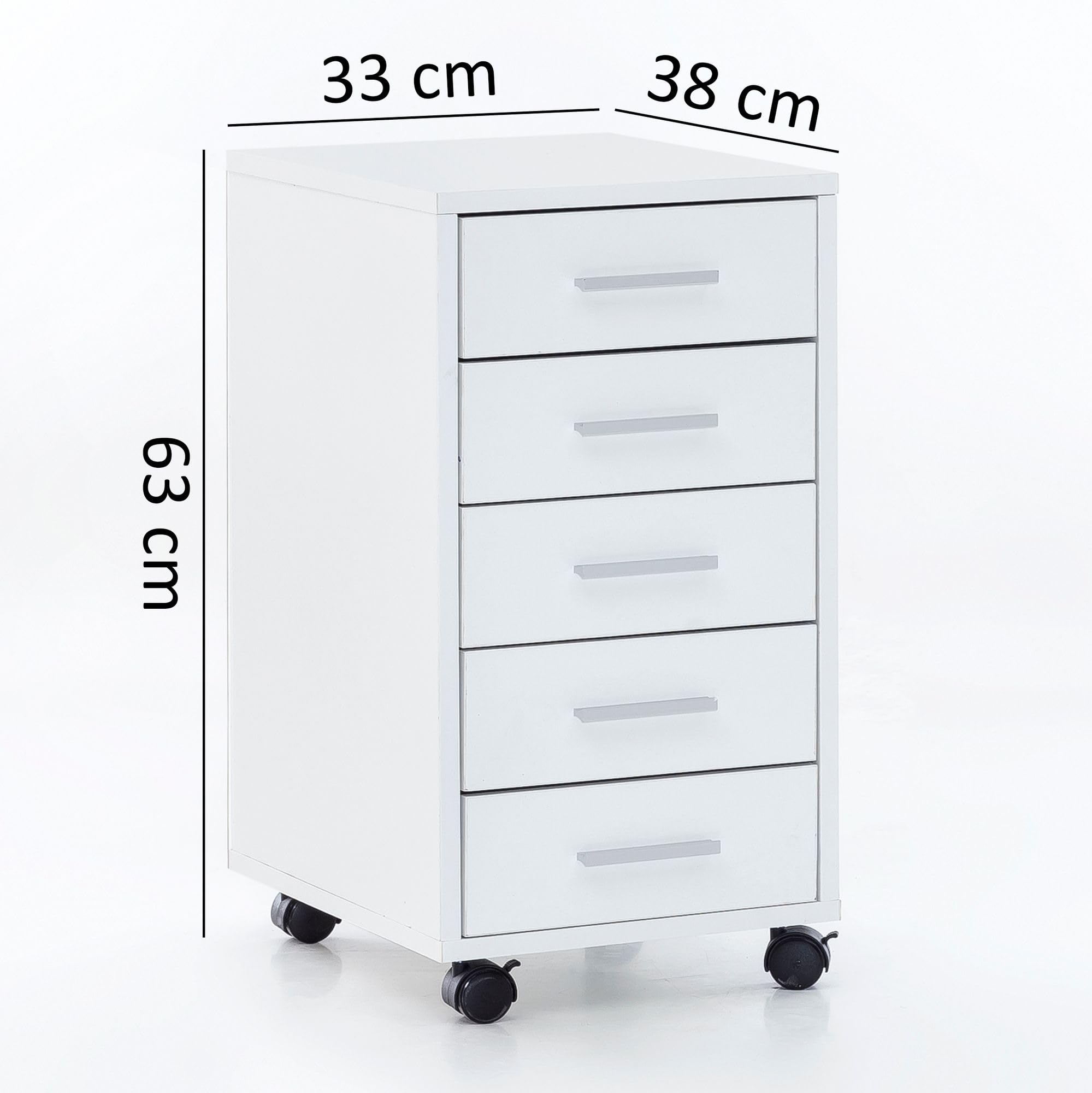 FineBuy Rollcontainer Weiß 33 x 63 x 38 cm Holz Schubladenschrank Schreibtisch, Büro Schrank mit 5 Schubladen, Container Rollschrank klein Standcontainer schmal, Schreibtischcontainer mit Rollen