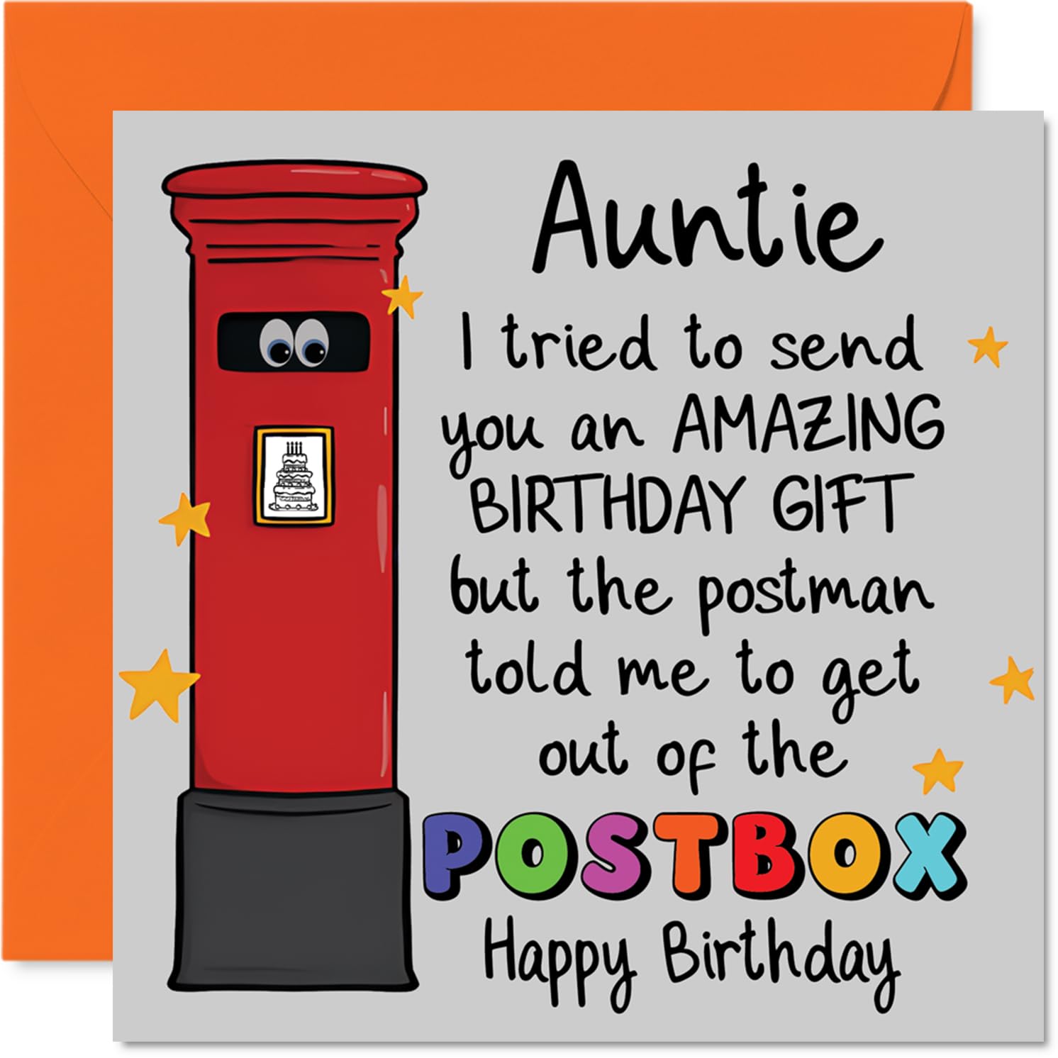 Funny Birthday Card for Auntie - Postbox Giggles - Cartoon Design with Googly-eyed Postbox and Stars - Perfect for an Auntie Who Loves a Laugh - 145mm Square, Envelope Included
