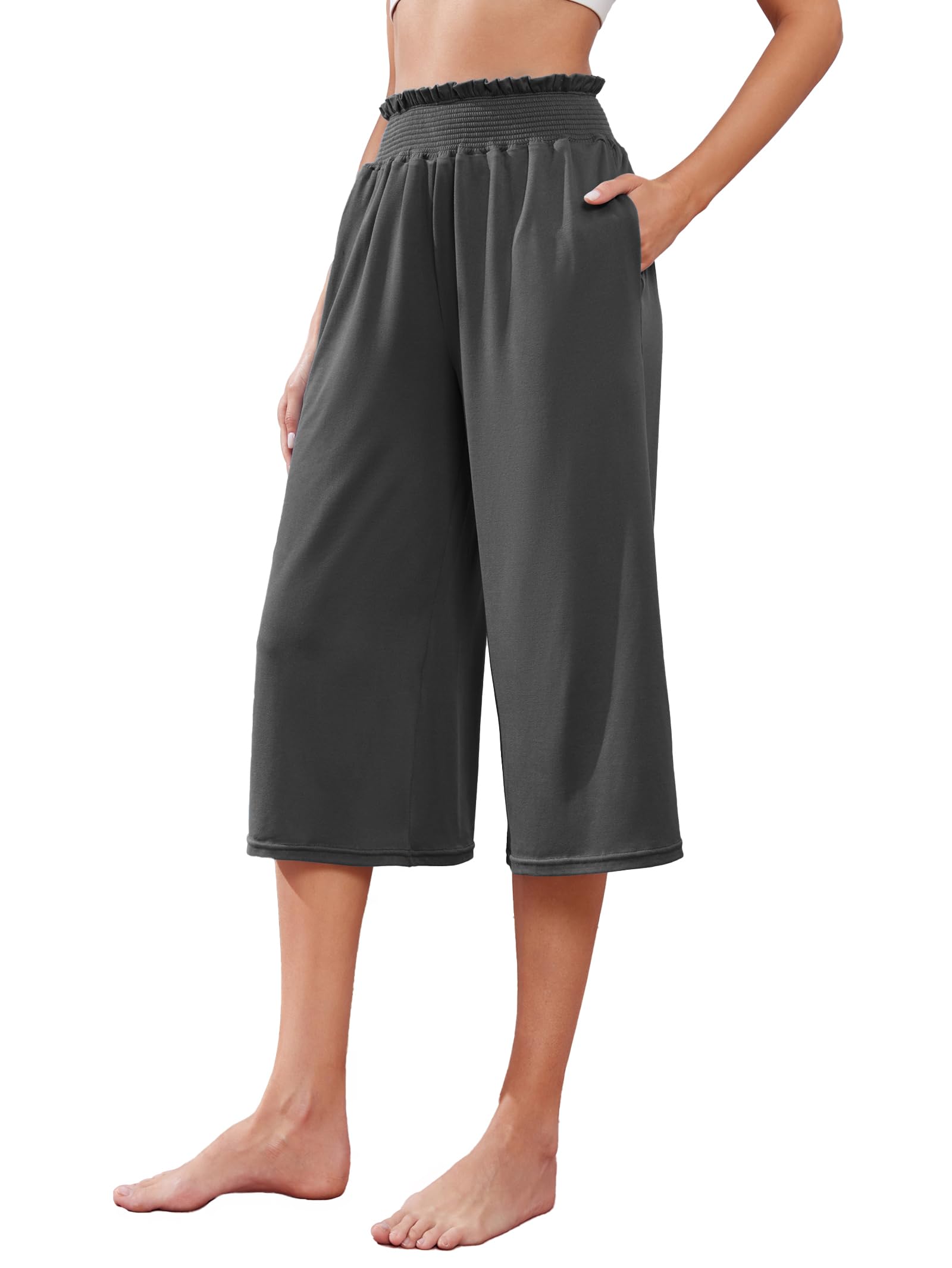 iChunhua Wide Leg Capri Yoga Pants for Women Loose Summer Ruffles High Rise Cropped Bottom with Pockets