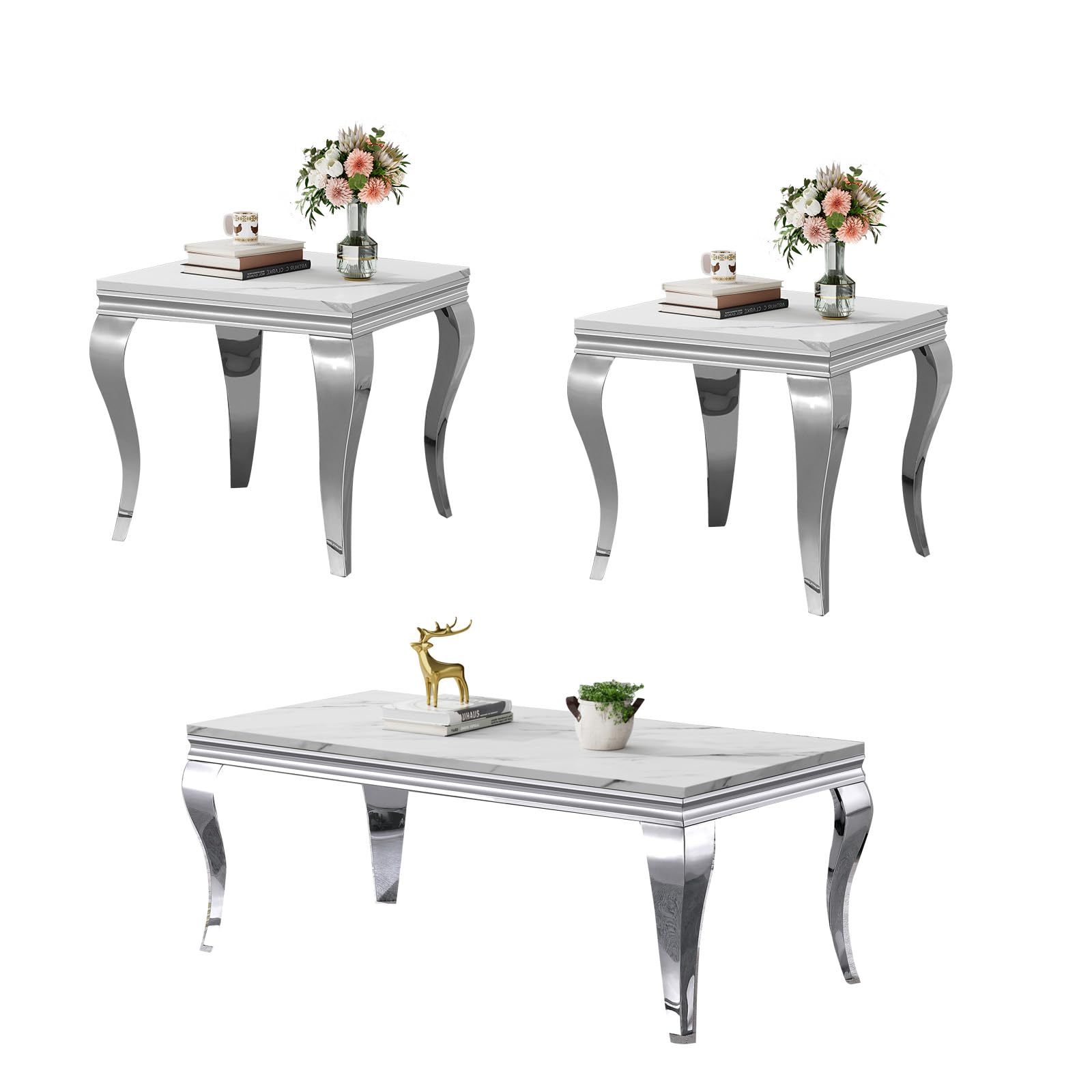 Luxury Coffee Table Set of 3, White Silver Coffee Table with End Table Sets, Modern 3 Piece Living Room Table Set with Faux Marble Top &amp; Stainless Steel S Legs for Apartment Home Office