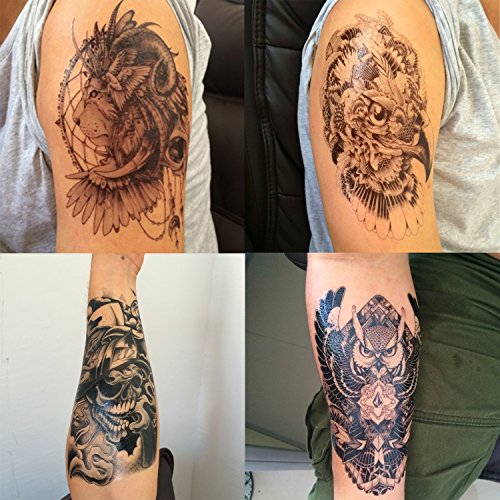 DaLin 4 Sheets Temporary Tattoos, Lion, Hawks, Owl, Skull