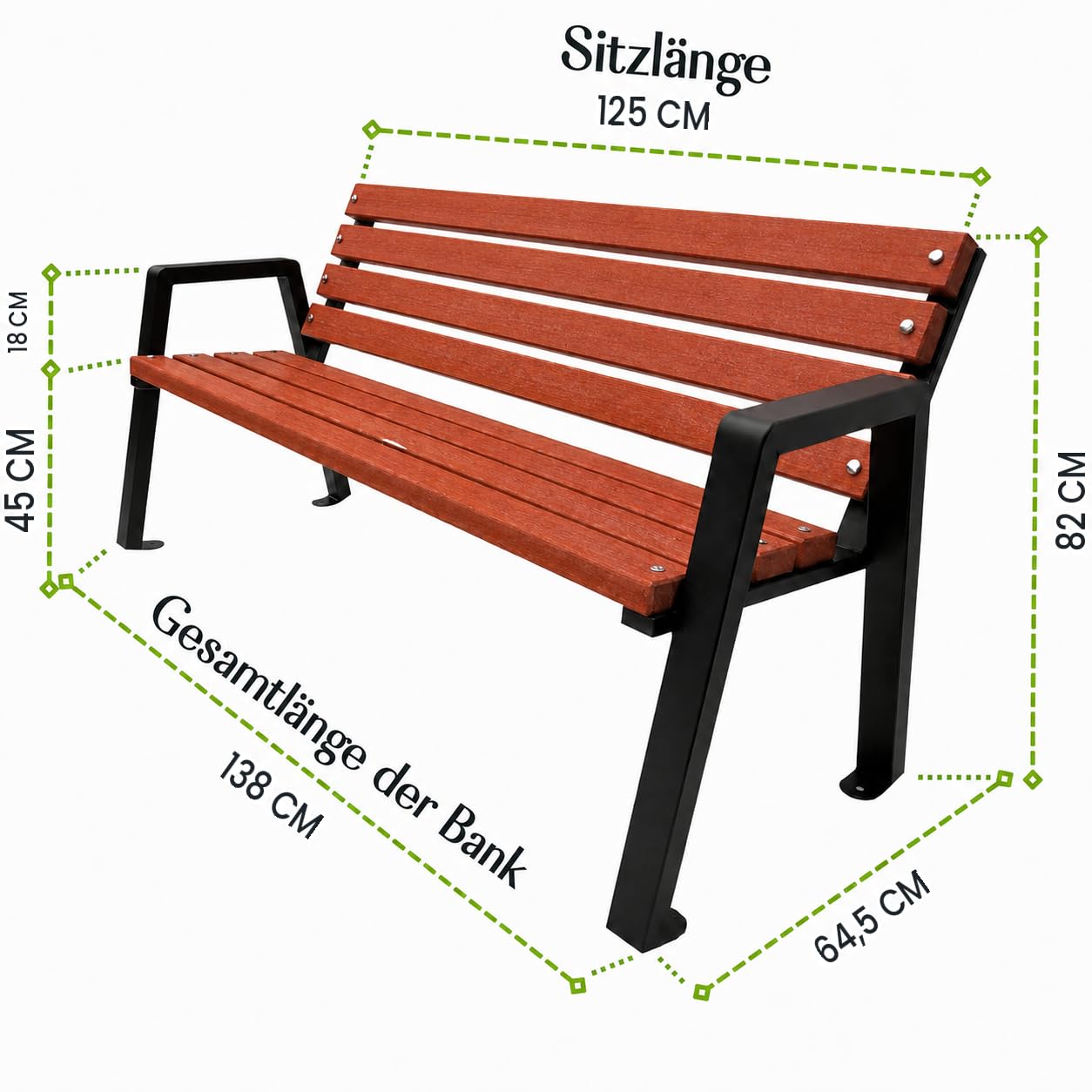 Gartenbank Holz mit Rückenlehne, 125 cm - Mahagoni | Massives Fichtenholz & pulverbeschichteter Stahl, bis 500 kg, wetterfest, Sitzbank für Garten, Terrasse & Park, Moderno
