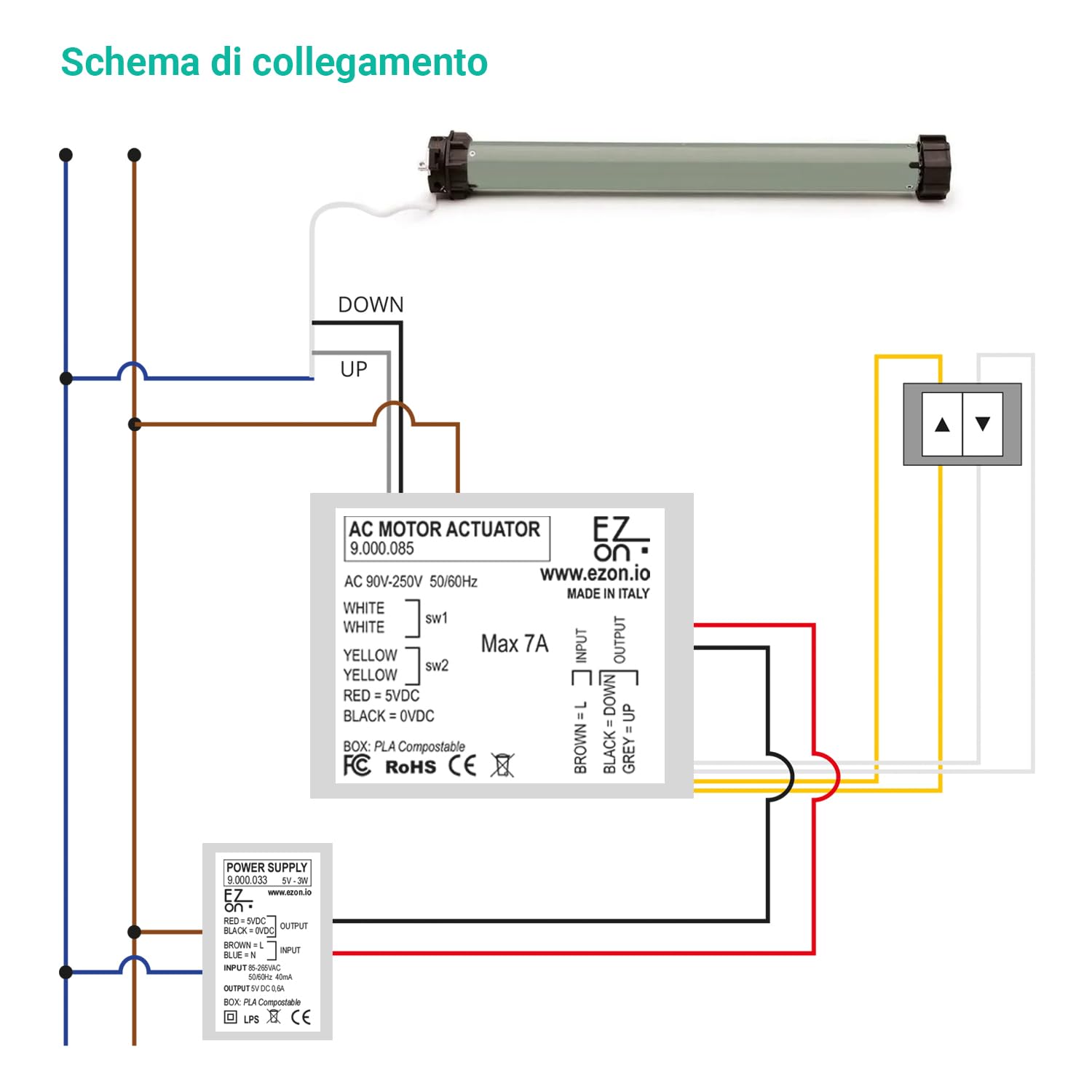 Kit completo Comando 1 Tapparella - Modulo di comando Smart per Tapparelle Elettriche, Sistemi di Oscuramento e tende, Controllo remoto con App ezon.io, Vocale con Alexa e Google Home