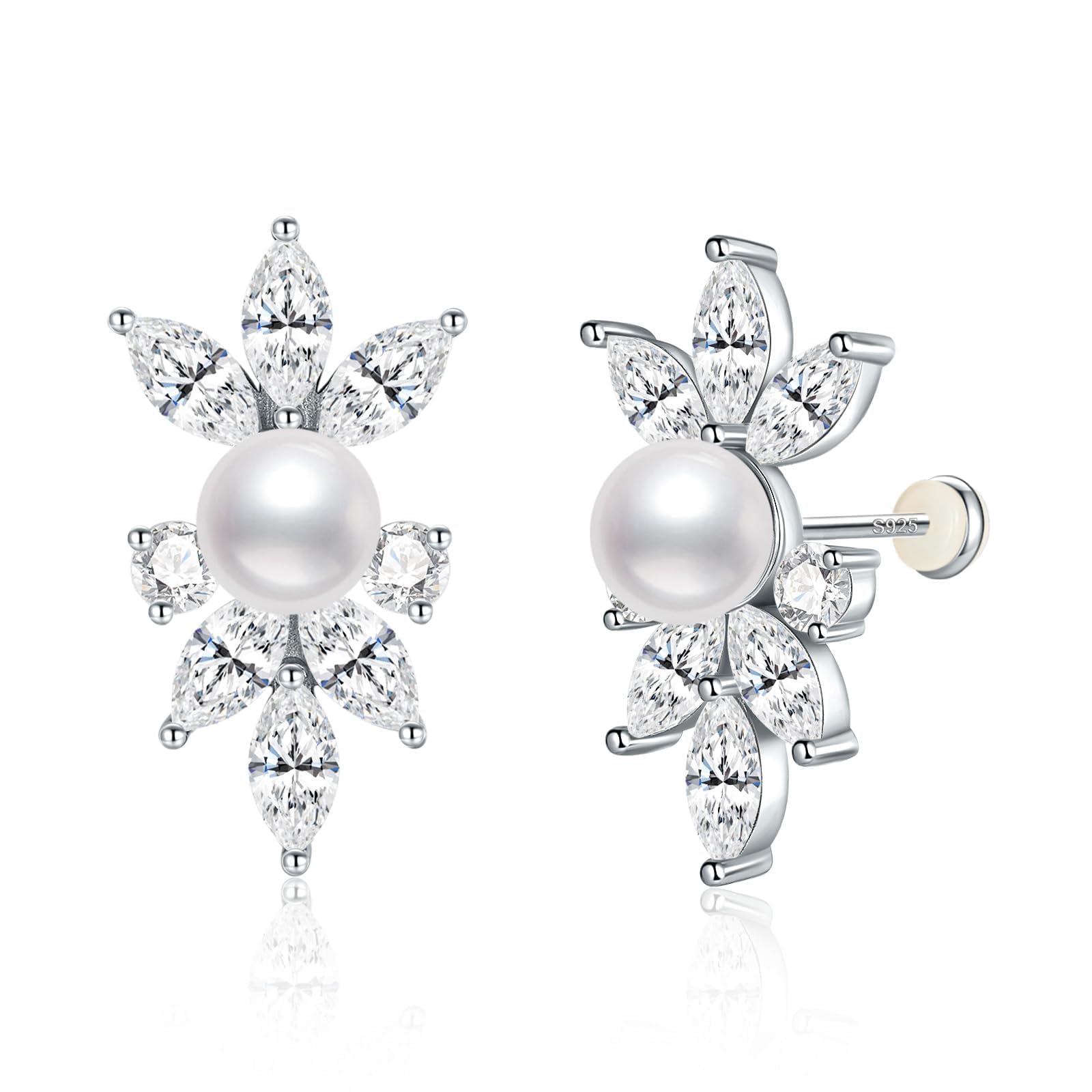 S925 Silver Pearl Dangle Drop Earrings Stud Earrings for Brides, 14K Gold Plated Bridal Jewelry with 5A Cubic Zirconia for Wedding Hypoallergenic