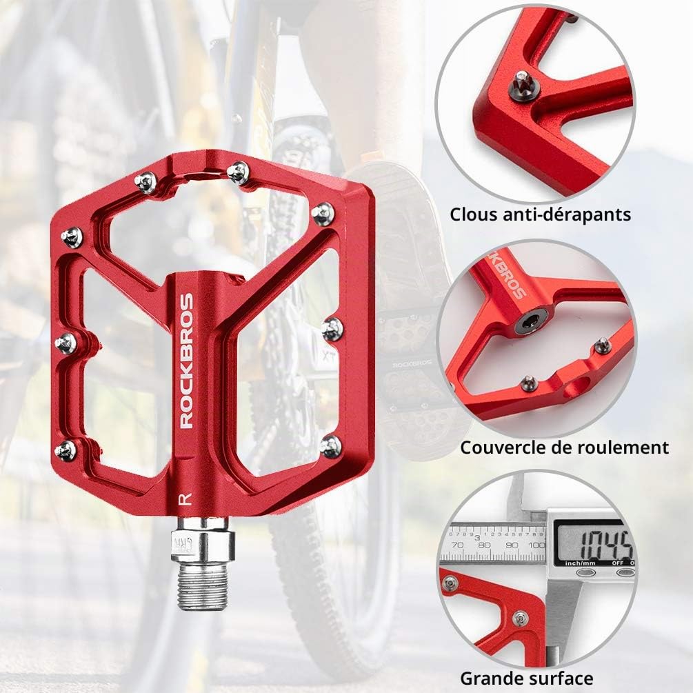 ROCKBROS Pédales Plates VTT 9/16" Alliage d'Aluminium Cyclisme Bleu Noir Rouge Ti Violet