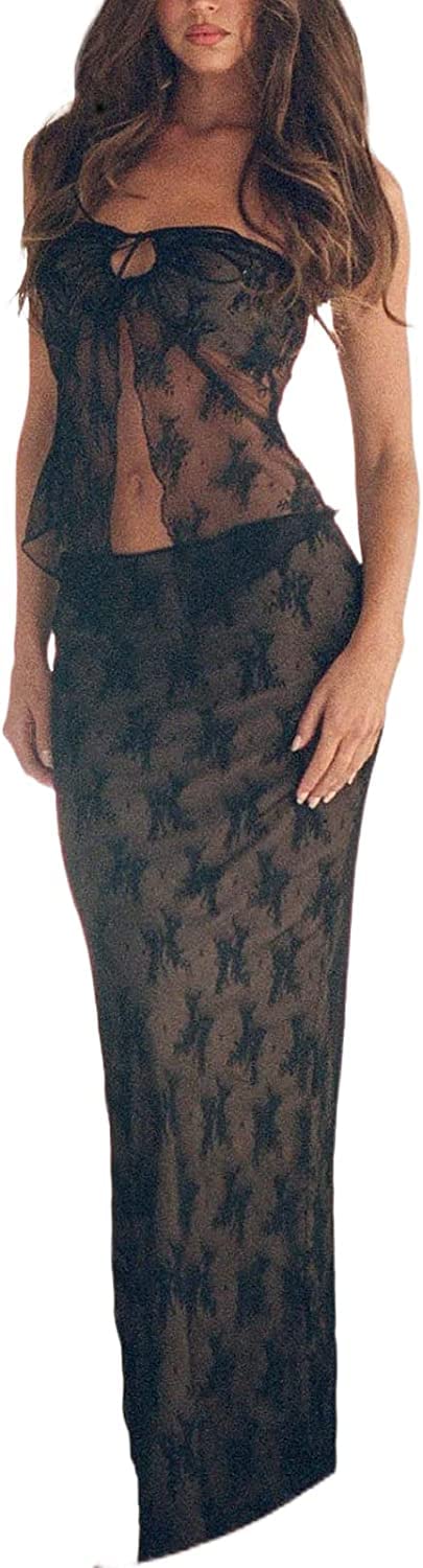 CreaionTwo Piece Summer Sets for Women Sexy Flowy Maxi Skirt Set Y2k Lace Halter Crop Tank Top and Bodycon Skirt Suit Beach Outfits