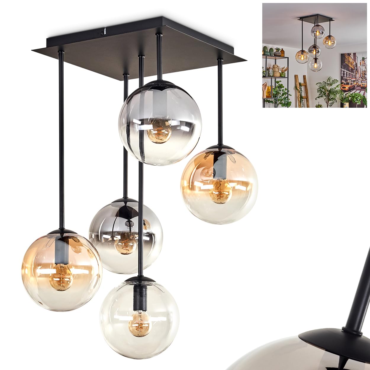 Gastor Ceiling Light, Ceiling lamp Made of Metal/Glass in Black/Smoke Colour/Clear/Amber Colour/Clear, luminaire in Retro/Vintage Design with Glass Shades (Ø 15 cm), 5 x E14, Without Bulbs