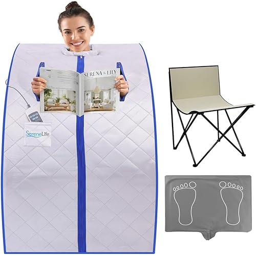 SereneLife Portable Sauna Box for Home, Infrared Sauna Tent with Heated Foot Pad and Folding Chair, Remote Control In-Home Spa, 38" x 32” - (Silver)