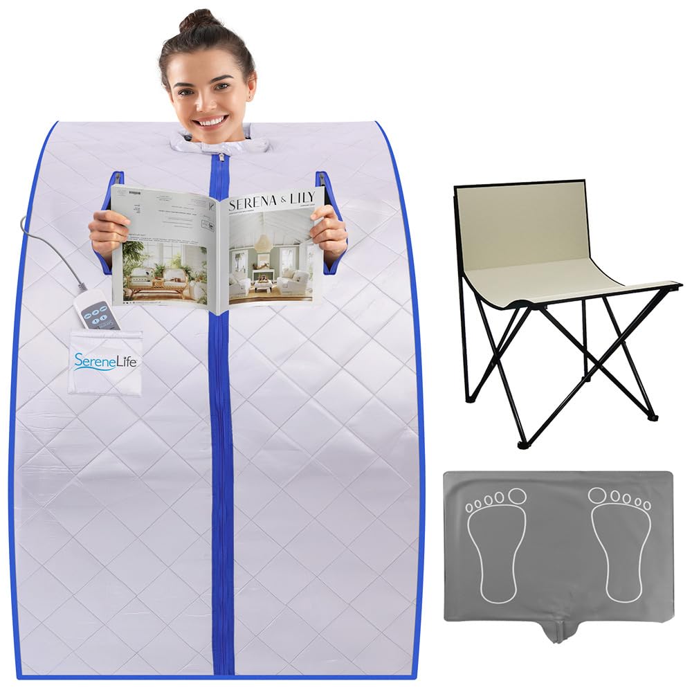 SereneLifePortable Sauna Box for Home, Infrared Sauna Tent with Heated Foot Pad and Folding Chair, Remote Control In-Home Spa, 38" x 32” - (Silver)