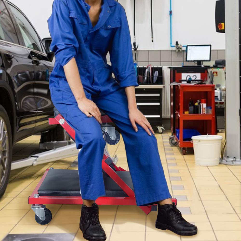 Froadp - Carro de visita, mecánico, mesa de montaje metálico, resistente, plataforma móvil de 6 ruedas con capacidad de rotación de 360° Máx. 150 kg 2 en 1 taburete de taller para coche