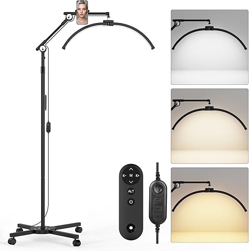 iVict Lámpara de pie de media luna para tecnología de pestañas, tatuaje, uñas, ángulo de altura ajustable, con soporte para teléfono, rotación 360