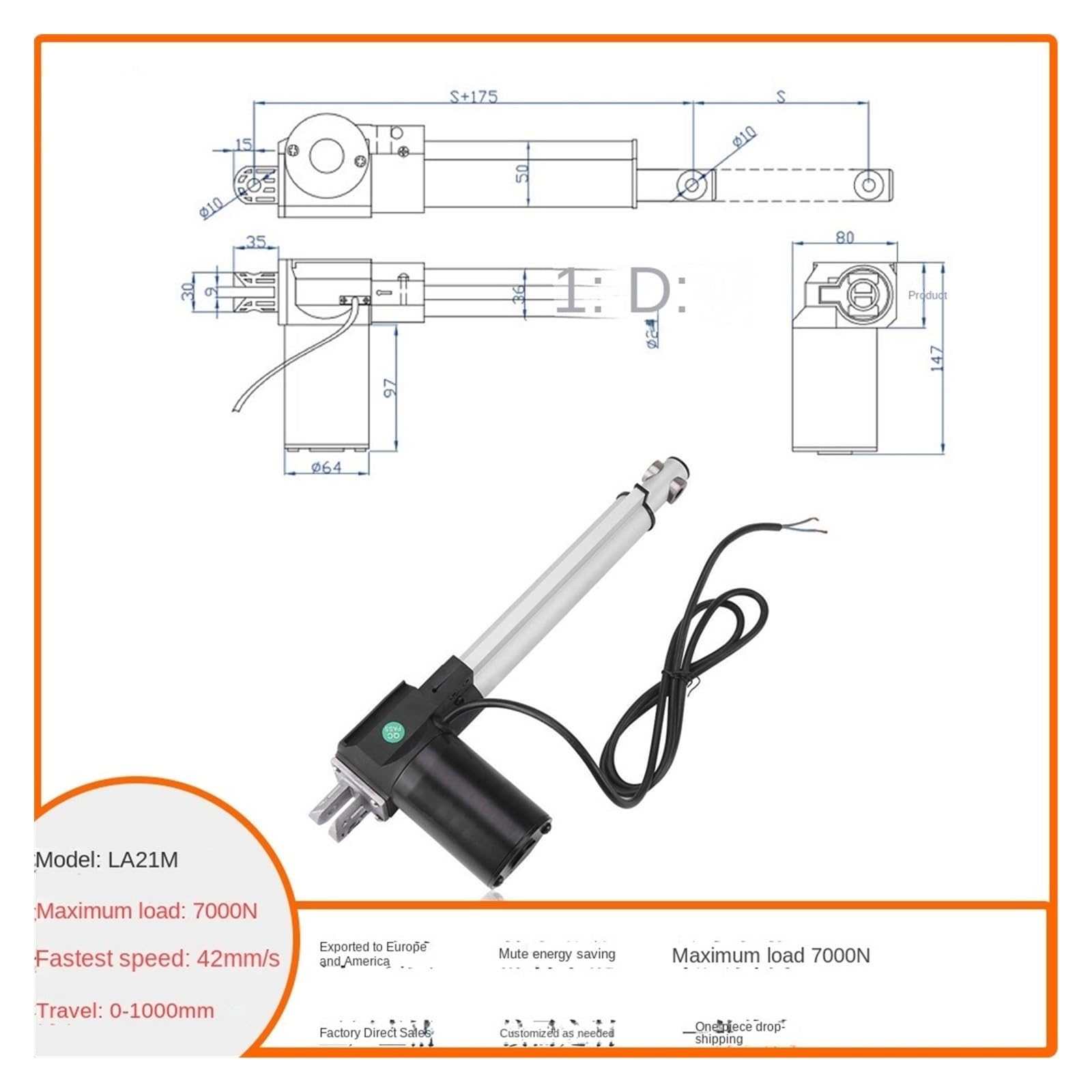 Actionneur linéaire, 12V DC 500mm Course 42mm/s Vitesse rapide 6000N 600KG Heavy Duty Nouvel actionneur linéaire(42mm-s 500mm 1000N)
