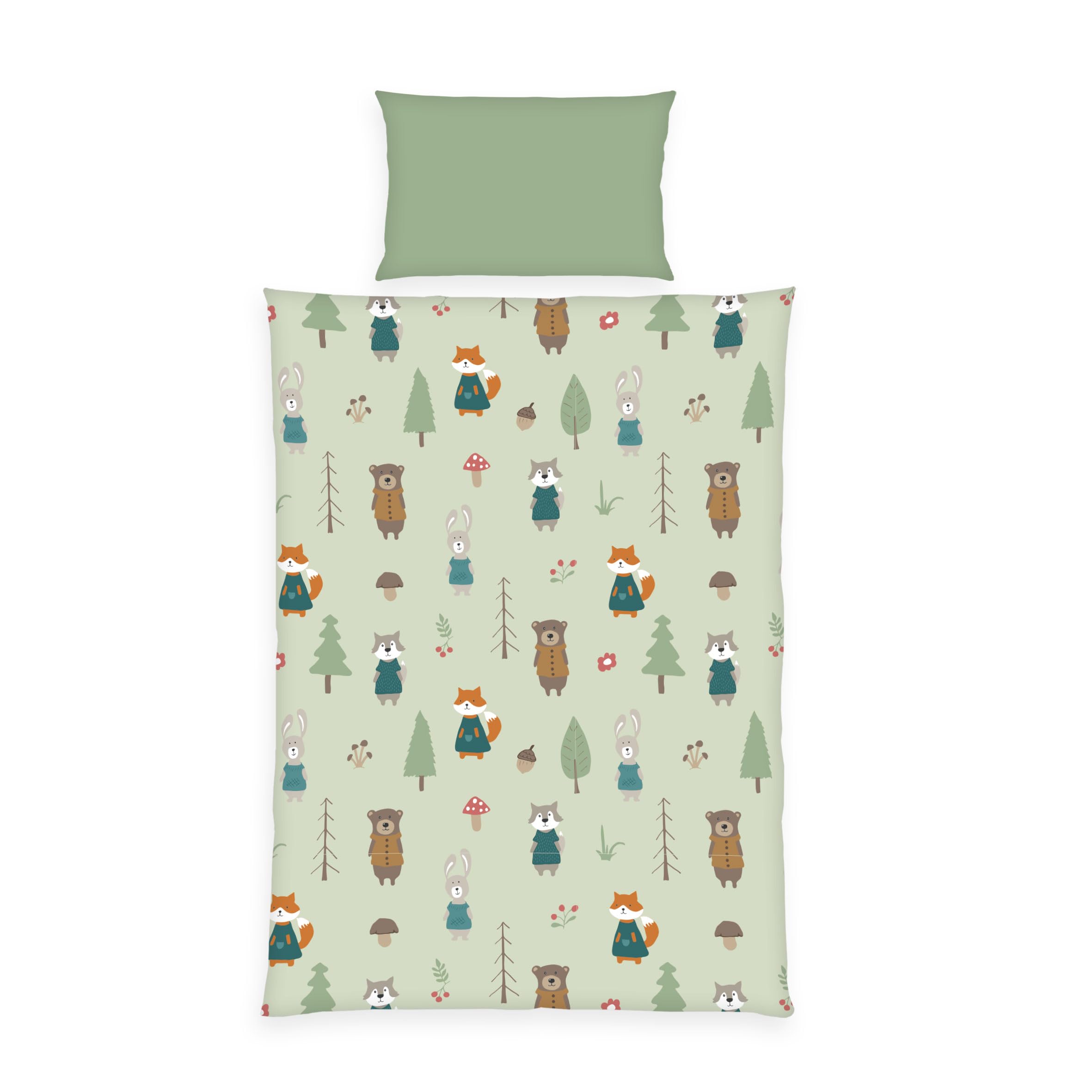 Herding babybest Flanell-Kleinkindbettwäsche Waldtiere, 1Kissenbezug 40x60 cm, 1 Bettbezug 100x135 cm, 100% Baumwolle/Flanell, Grün