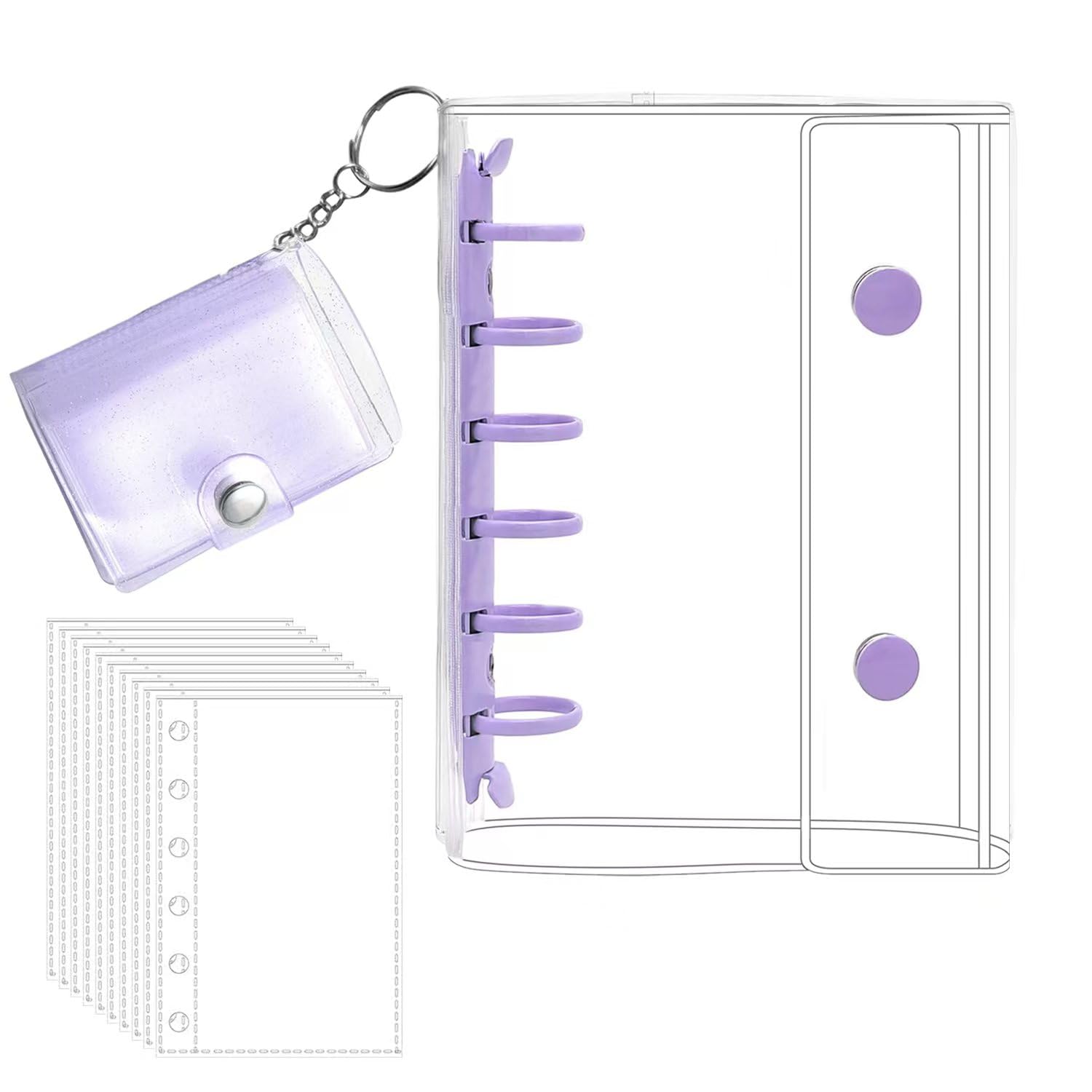 A7紫 3Dシール帳 【リフィル×20枚付き+キーホルダー式mini帳付き】プラバン 透明 サイズ ミニ バインダー 【リフィル×20枚】 クリア カードポケット 手帳 推し活 女の子 コラージュノート クリアタイプ (紫, A7)