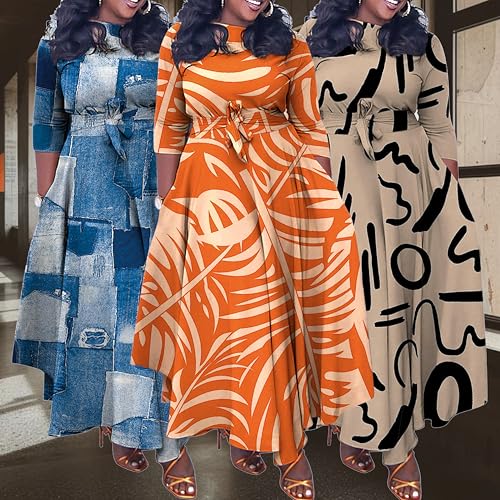 Women's Summer and Autumn Plus Size Maxi Half Sleeved Printed Long Skirt with high Elasticity and Soft Casual Dress3