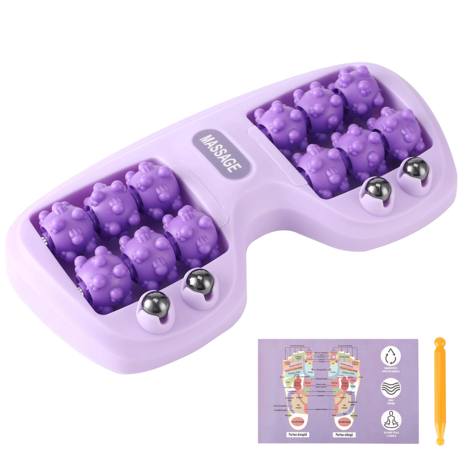 Fußmassage-Roller, strukturierter Fußmassager mit Metallkugeln, rutschfester Unterseite, Akupressurpunkt-Referenzkarte und doppelseitigem Massage-Stick für täglichen Fußkomfort