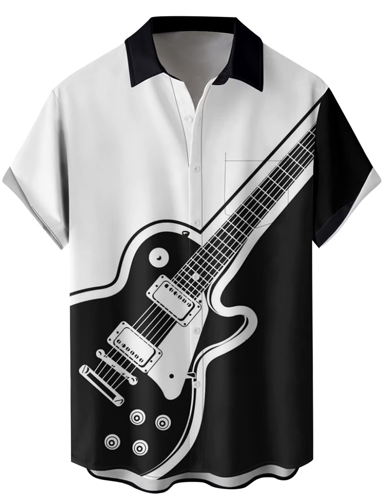 Men's Vintage Bowling Shirt 1950s Retro Rockabilly Style Short Sleeve Button Down Music Hawaiian Shirts, Guitar-white Black, 3XL