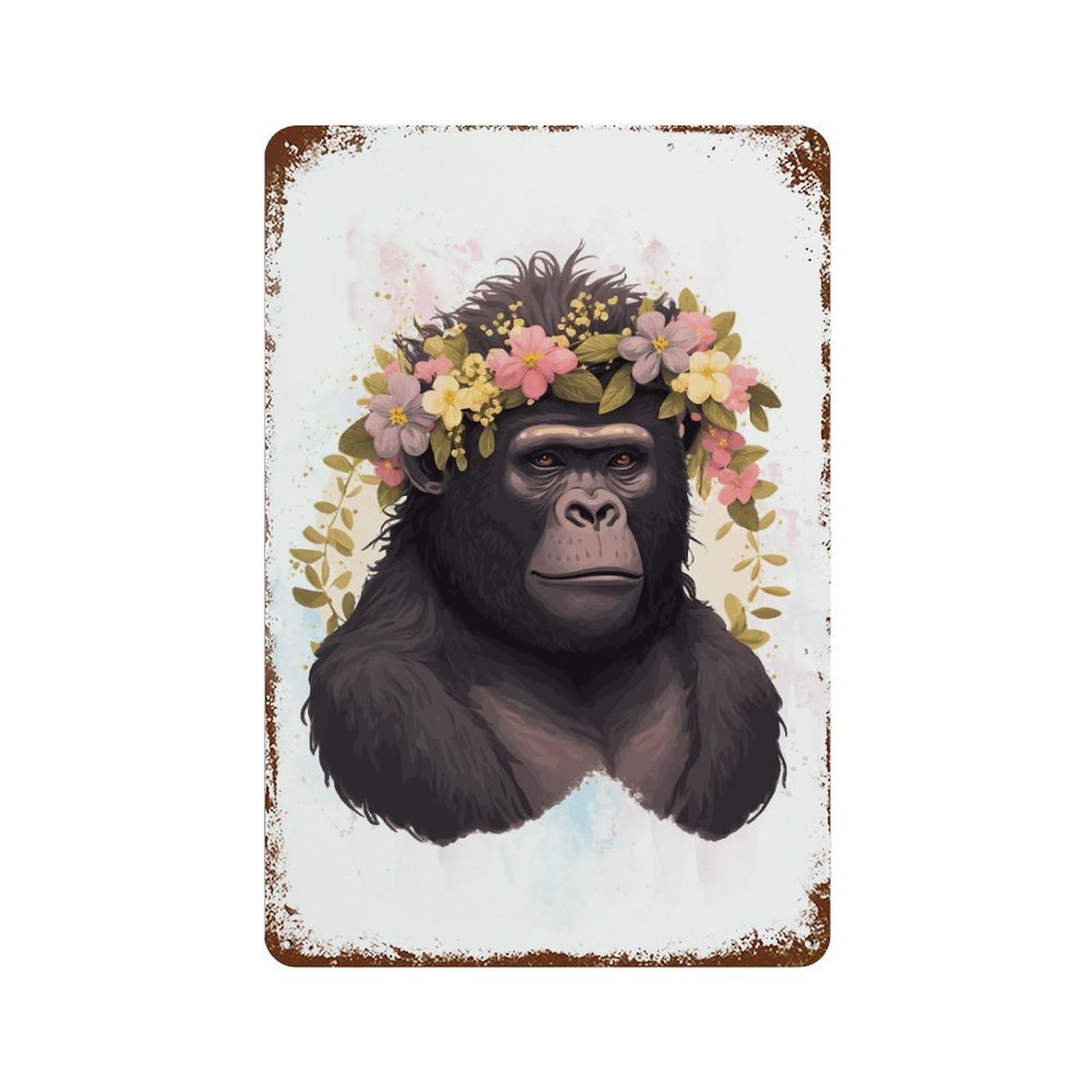 Aged Metal Wall Plaque with Flower Gorilla Watercolor Design 11.8"x7.9", for Shed, Workshop And Garage Wall Decor, Decorative Metal Wall Art