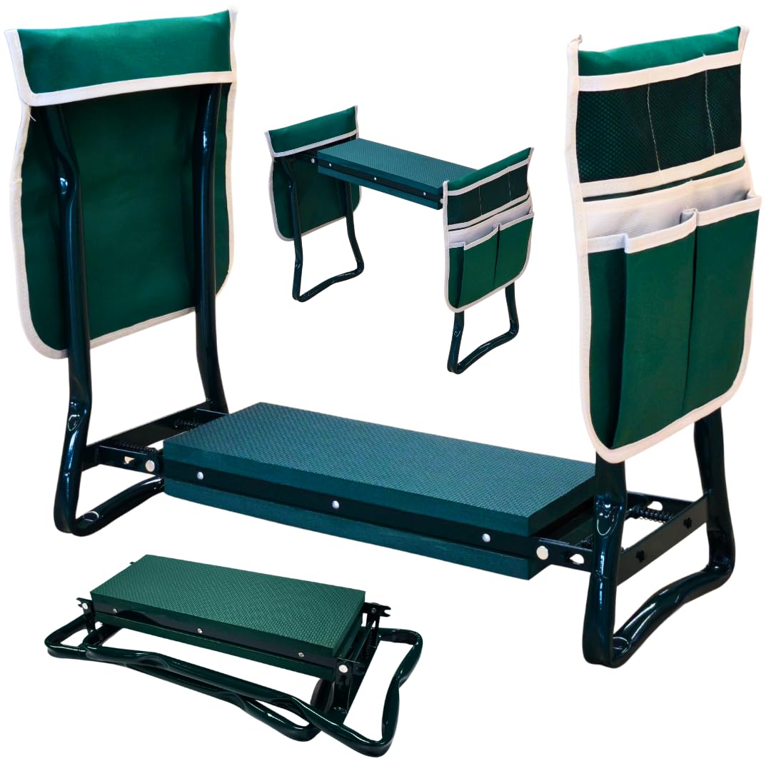 2-in-1 Garten Kniebank für Gartenarbeit, Gartenhocker klappbar mit Eva-Sitzpolster, 2 Werkzeugtaschen, bis 150 kg, weiche Kniebank, Kniekissen für Haushalt, Camping